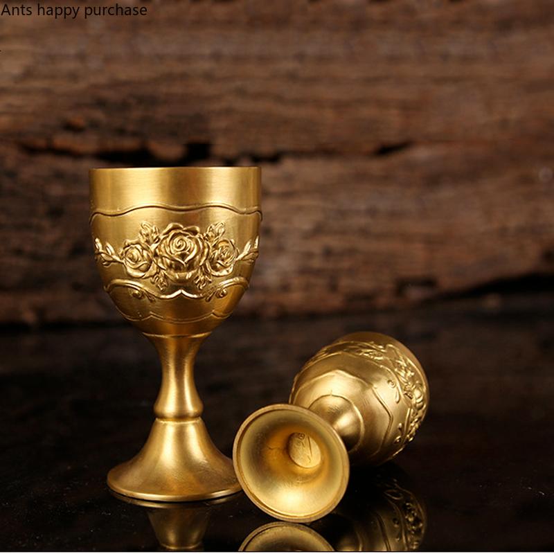 Carved Brass Wine Glass 6 Piece Set Golden Goblet Home Barware Liquor Glass Water Cup Metal Wine Cups Spirit Glass Crafts Gift