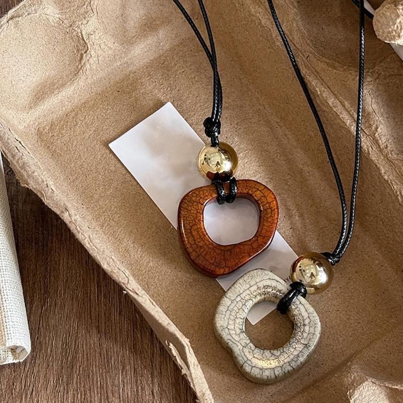 Handmade Wood Tribal Pendant Necklace Unique Resin Necklace Long Rope Necklace Suitable for Men and Women Present