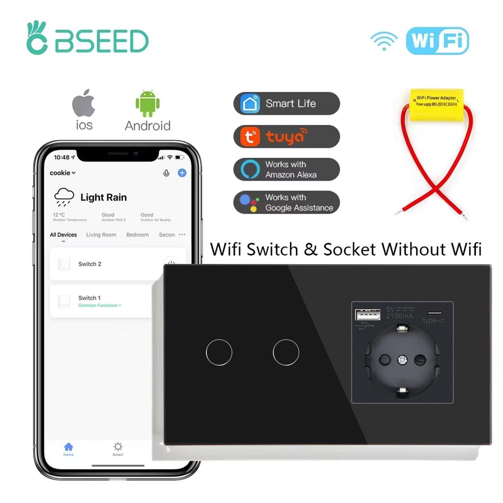 BSEED 1/2/3Gang Wifi Touch Light Switches Tuya Smart Life Alexa App With EU Sockets Power USB Ports Capacitor Included Black