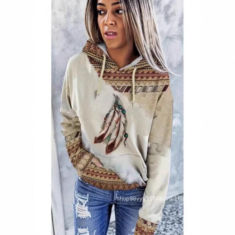Womens Winter Hooded Sweatshirt Ethnic Print Loose Fit Long Sleeve Pullover Casual Oversized Top