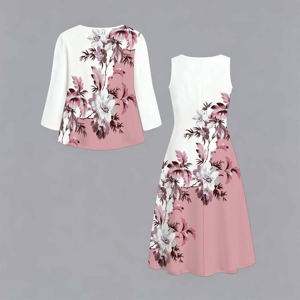 Oversized Ladies Two Piece Set Printed Slip Dress With Long Sleeve Open Front Cardigan
