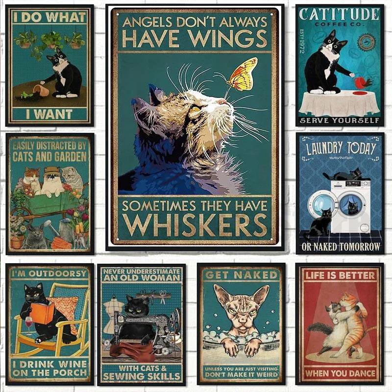 Vintage Black Cat Canvas Painting Funny Art Animal Reading Drinking Coffee Posters Living Room Decor