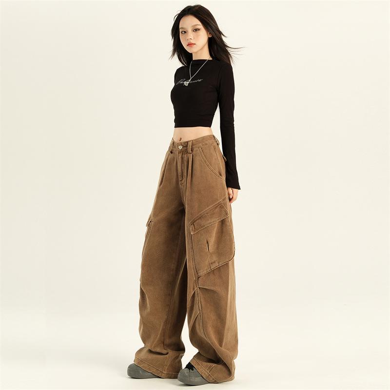 Women's American Retro Denim Overalls - Autumn 2024 Loose Slimming Wide-Leg Floor-Length Pants
