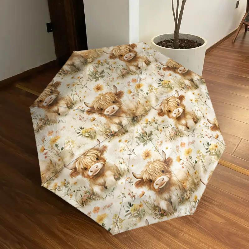 

Highland Cow Floral Patterned Umbrella - Automatic Opening & Closing, Portable 3-Fold Design, 8-Bone Steel Frame, Outdoor, Festive Gift for