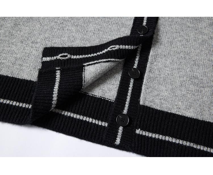 100% Sheep Wool Thickening Autumn and Winter Women's Color Contrasting V-neck Cardigan Woolen Sweater
