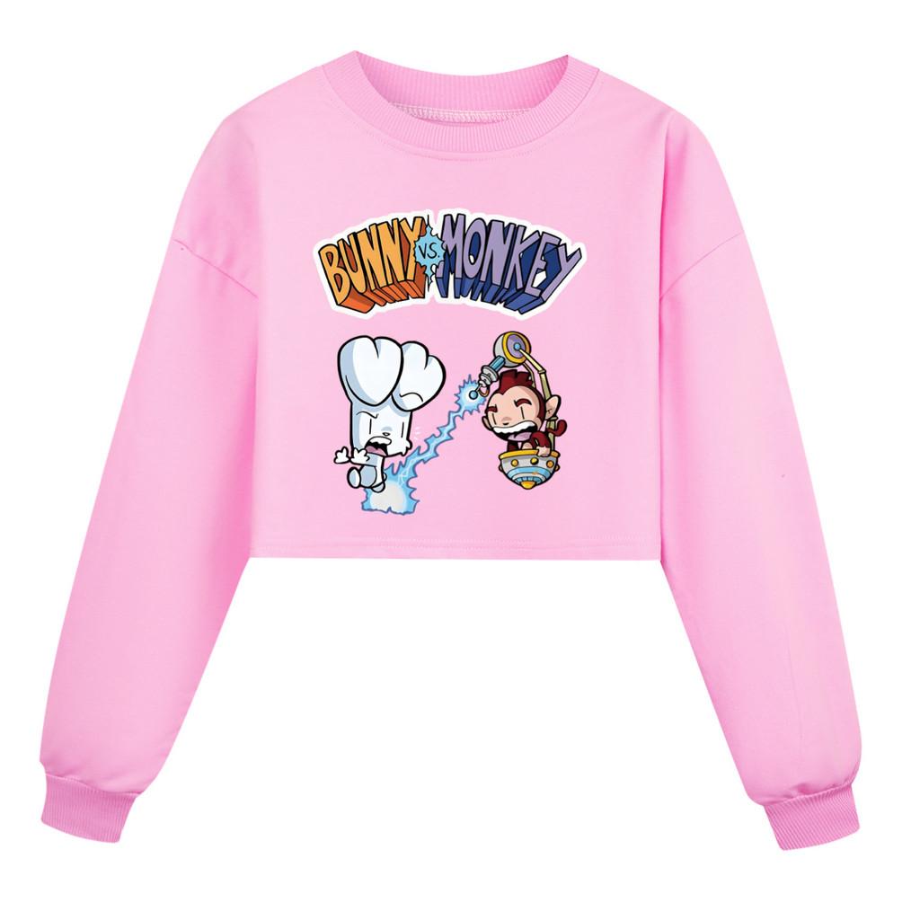 4187 Kinder Mädchen Kaninchen Affe Aufdruck Lässiger Langarm Kurzer Stil Sweatshirt