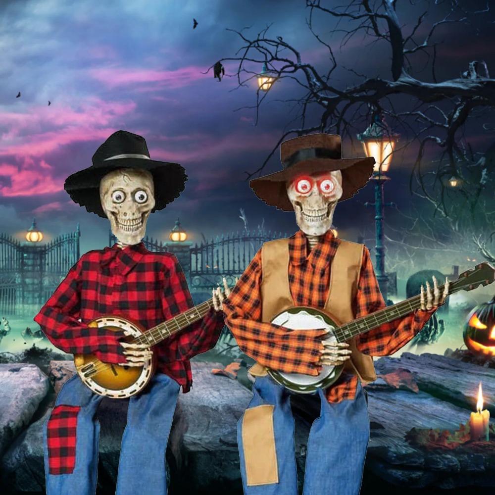 Animated Motion Sound Activated Musical Multi Lingual Banjo Skeletons Duo Halloween Fall Indoor Glowing Skeleton Skeleton Decor