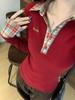 Women's Red Plaid Polo Collar Faux Two-Piece Slim-Fit Top for Autumn/Winter