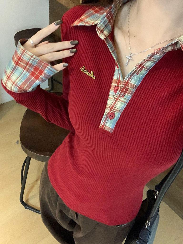 Women's Red Plaid Polo Collar Faux Two-Piece Slim-Fit Top for Autumn/Winter