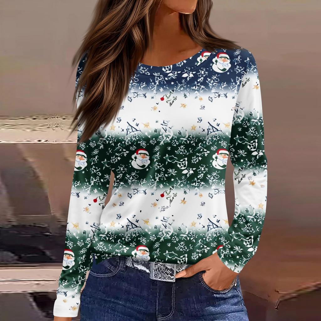 Women's Fashion Casual Slit Hem Round Neck Long Sleeve Loose Christmas Printed T-Shirt Ladies Top