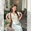Apricot letter bow printed lace-up short-sleeved T-shirt women's summer new design niche top