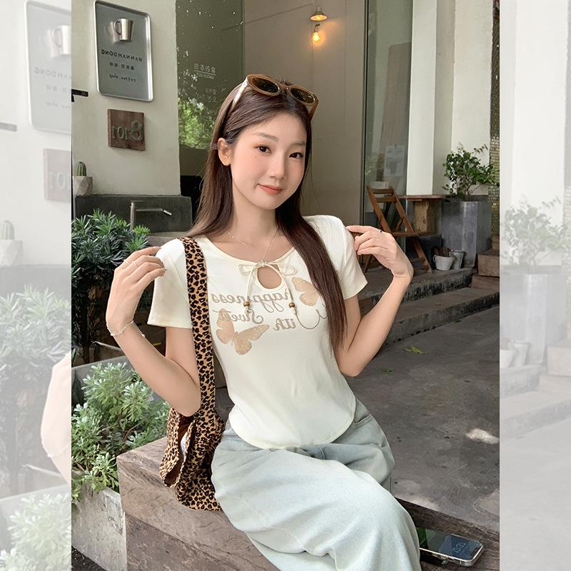 Apricot letter bow printed lace-up short-sleeved T-shirt women's summer new design niche top