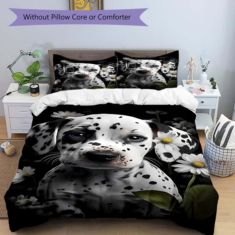 3pcs Dalmatian Puppy with Daisies Comforter Set, Includes One Quilt Cover and Two Pillowcases (No Core), Anime Cartoon, Bedroom and Guest Room