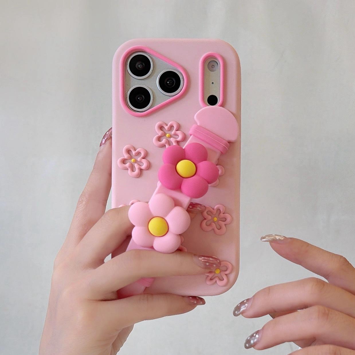

Pink Floral Wristband Case for iPhone 14-17/Pro/Max, Anti-Drop Cover 17 Pro