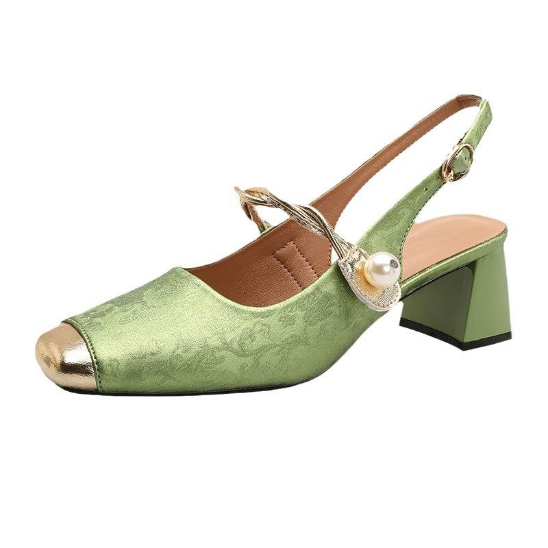 Neue chinesische Retro-Taschenkopf-Damen 2025 Sommer neue Sandalen mit mittlerem Absatz, eckiger Spitze, hinten offen, Mary Jane Einzelne Schuhe