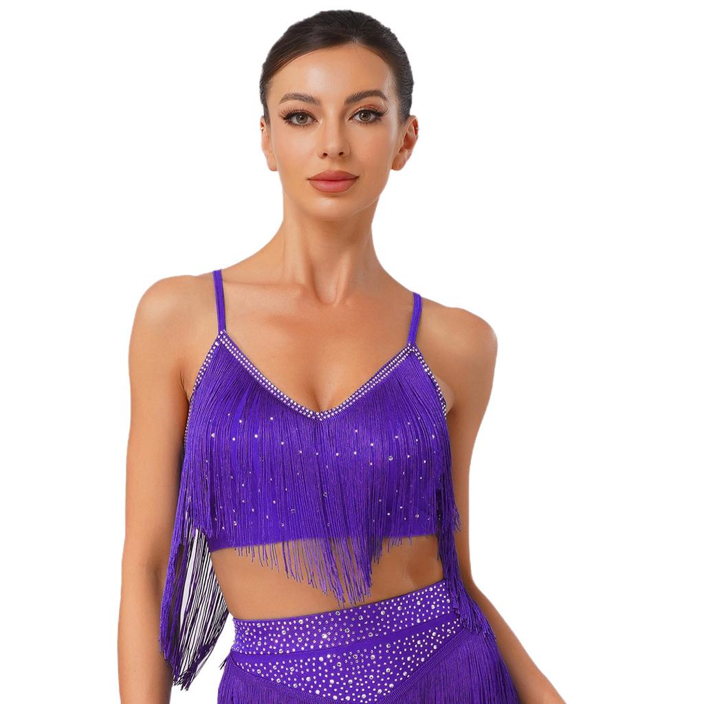 Traje de Performance de Dança Latina Salsa Feminino Decote em V Sem Mangas Costas Cruzadas Franjas Top Curto