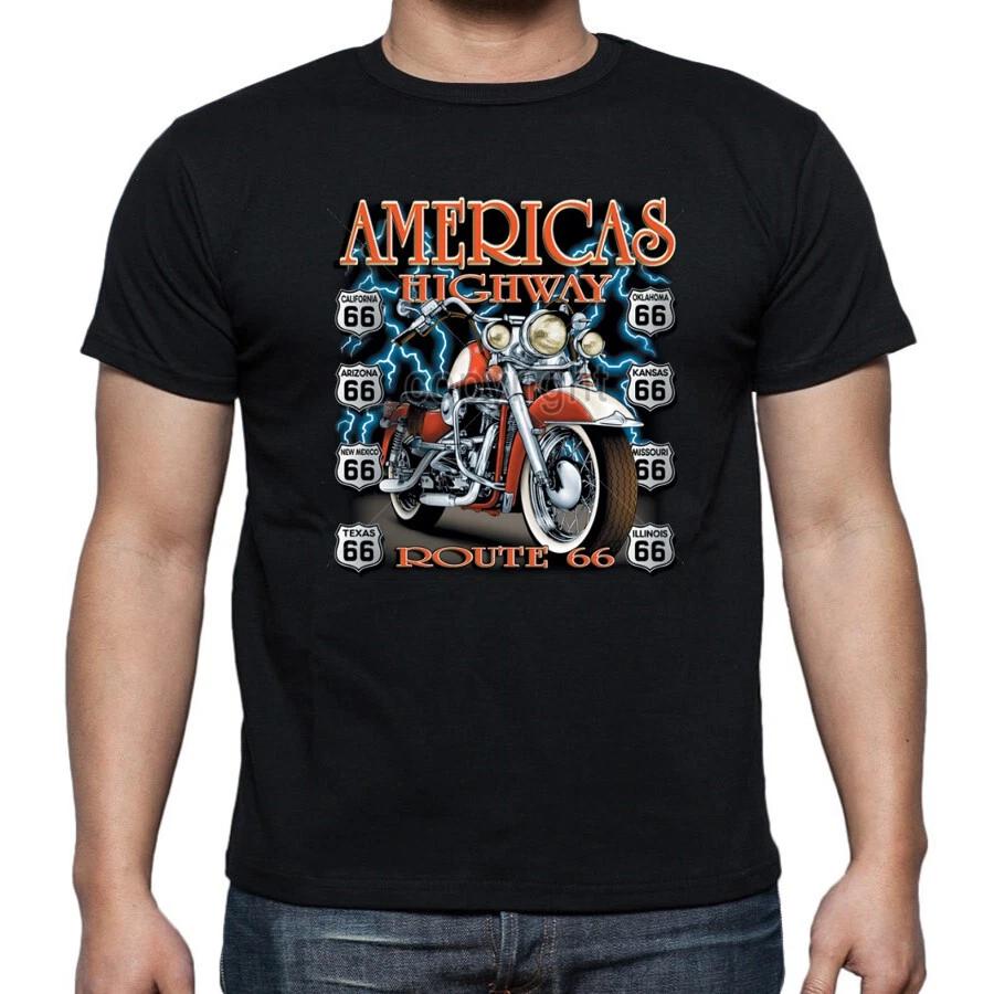 Americas Highway Route 66 Motorcycle Biker Tee Black Adult T shirt 2XL