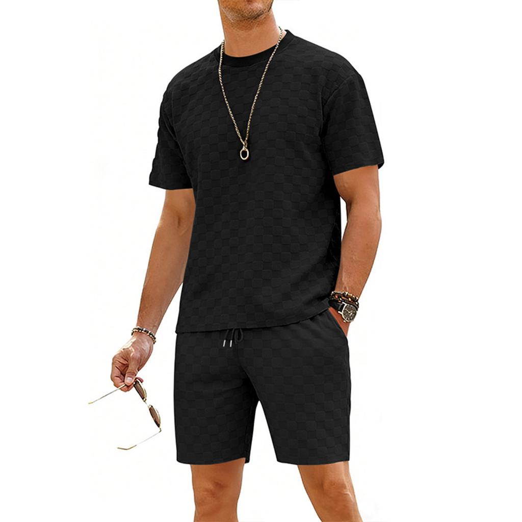 Men's Round Neck Checkered Casual Short Sleeve Drawstring Shorts Set