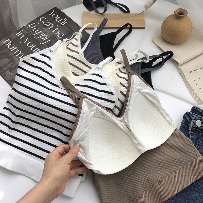Striped Beautiful Back Small Camisole Vest Integrated Chest Pad Korean Style Hot Girl Inner and Outer Wear Bandeau Base Layer Top