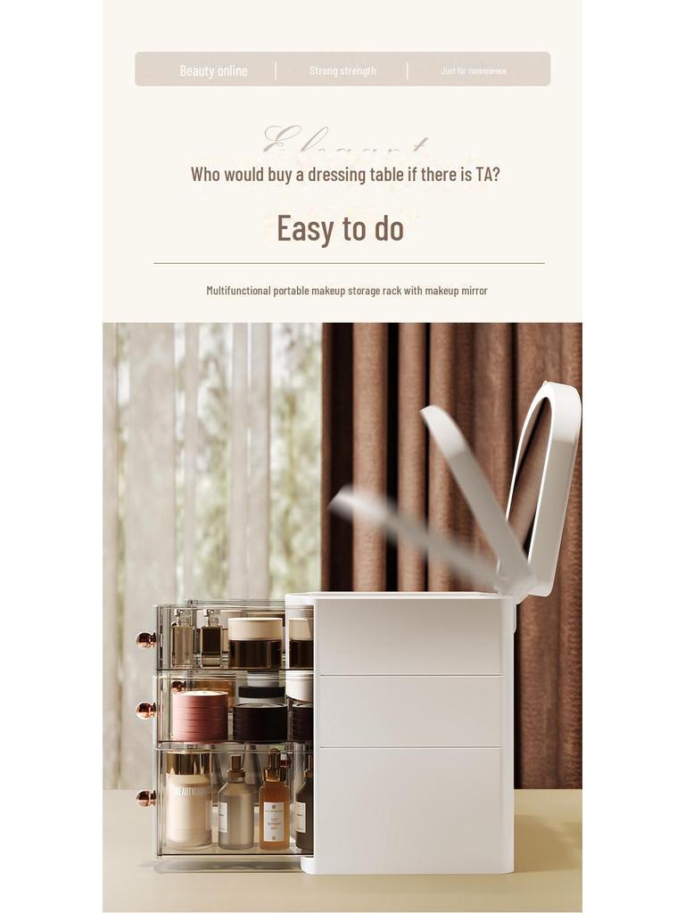 Beleuchtete 3-Farben Kosmetik-Aufbewahrungsbox mit Spiegel, Staubdichte Desktop-Schublade für Hautpflege