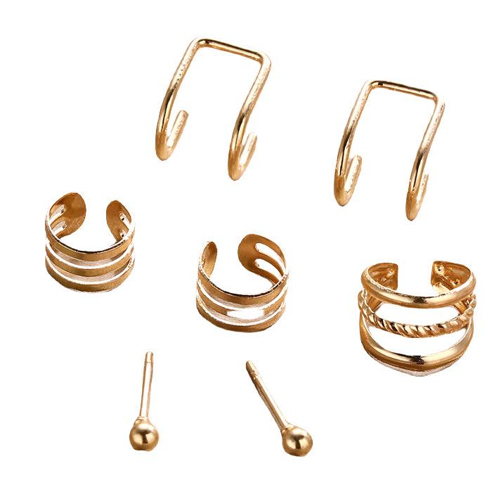 Gold European and American Retro Hollow Multi-layer Ear Clip Earrings Set - 7 Pieces