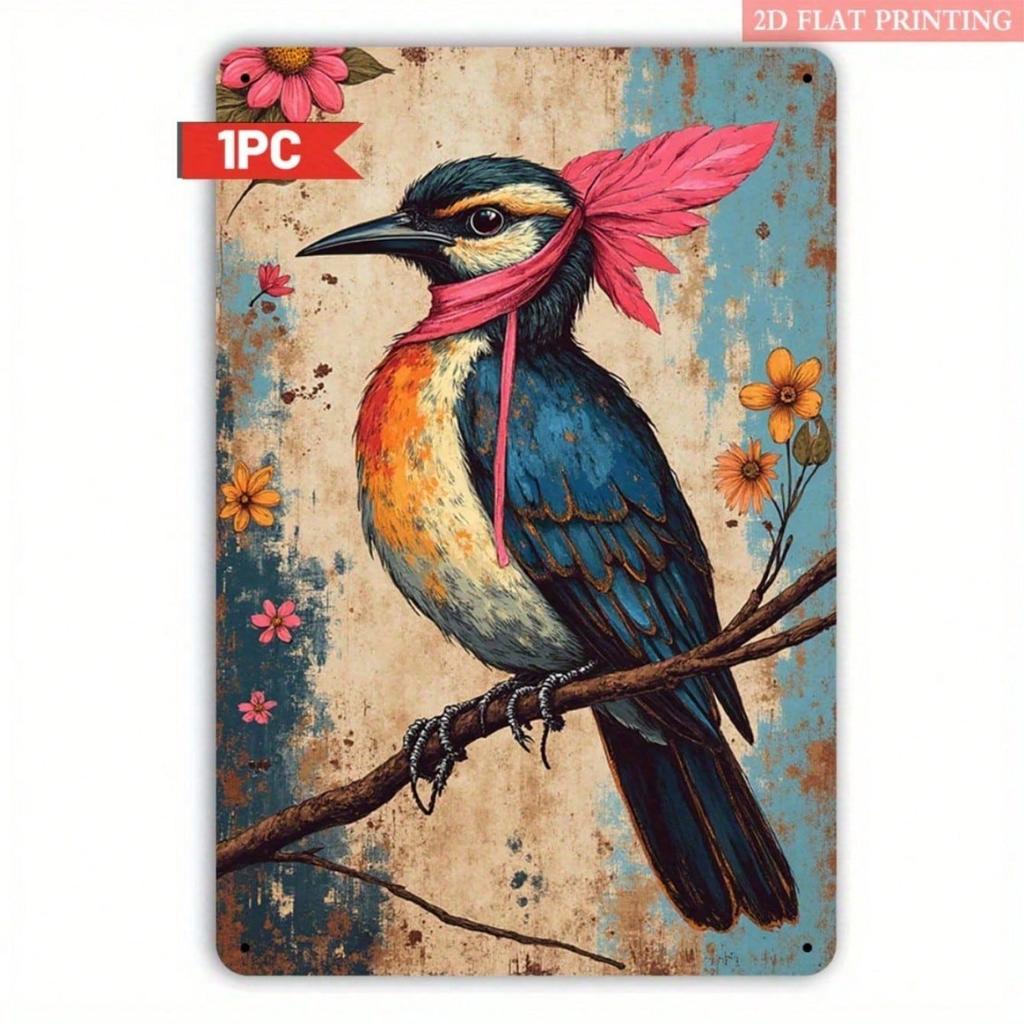 Vintage Bird & Floral Iron Wall Art, 8x12 Rustic Metal Plaque, Colorful Flowers, 2D Sign for Living Room
