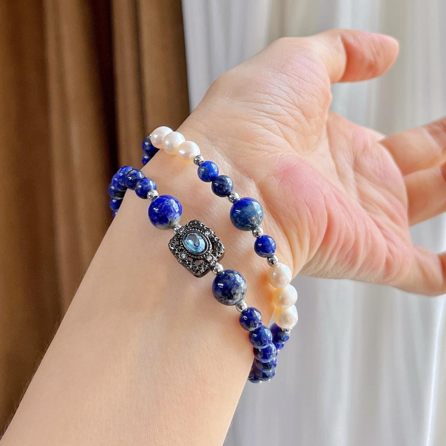 Vintage 5Mm Natural Lapis Lazuli Freshwater Pearl Design Multi-Loop Bracelet