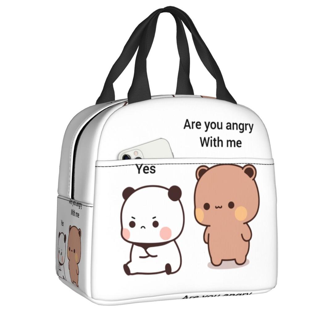 Custom Peach And Goma Mochi Cat Eating Ramen Thermal Insulated Lunch Bags Women Portable Lunch Container Travel Storage Food Box
