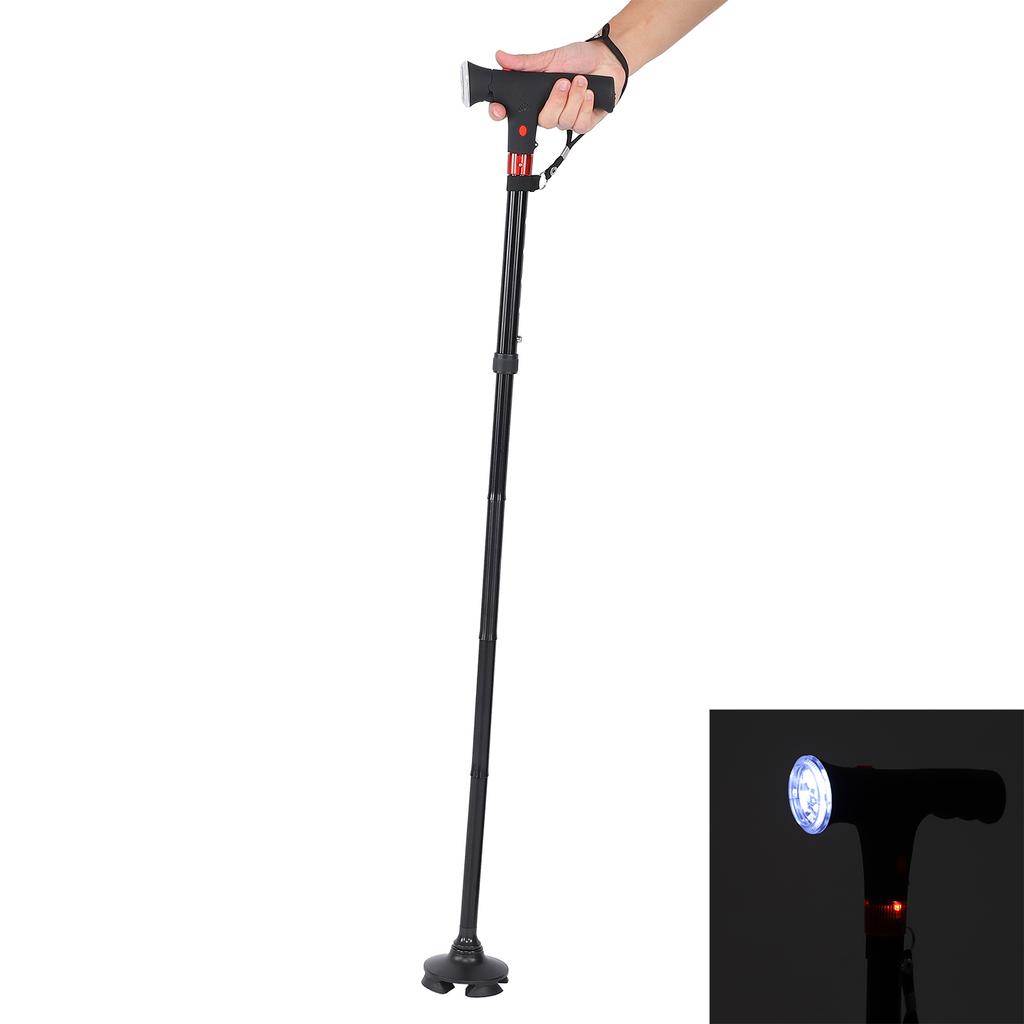 Aluminum Alloy Folding Light Cane Elderly Four?legged with Lamp Non?slip Walking Stick