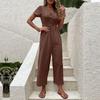 Women's Fashion Solid Color Loose Buckle Short Sleeved Cropped Pants Wide Leg Jumpsuit