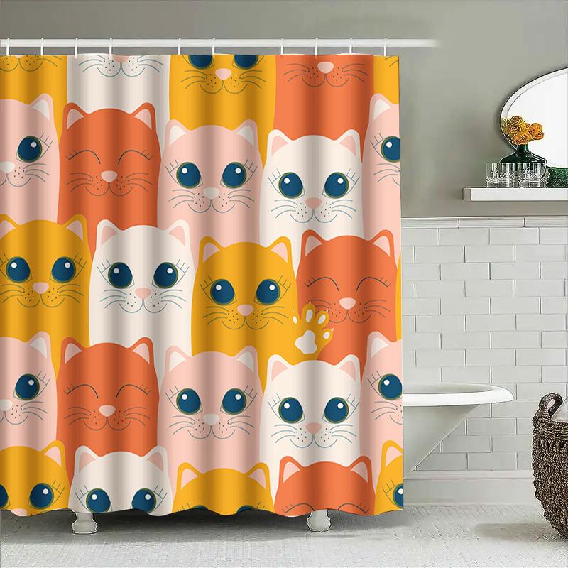 Cute Cartoon Cat Shower Curtain Waterproof Bathroom Decor