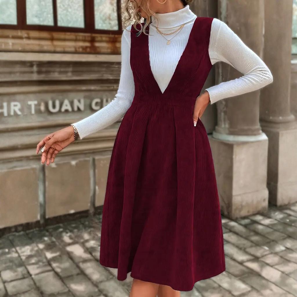 Women's Fashionable And Elegant V-Neck Corduroy Suspender Dress