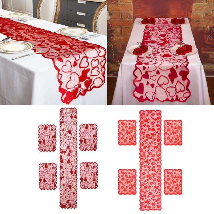 5Pcs Valentines Theme Lace Table Runner and Placemat Set with Heart Pattern Romantics Weddig Anniversaries Dinner Decors