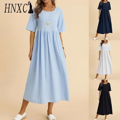 HNXC Women Fashion Solid Color Dress Large Loose Cotton Linen Round Neck Midi Dress Five Piece Sleeves