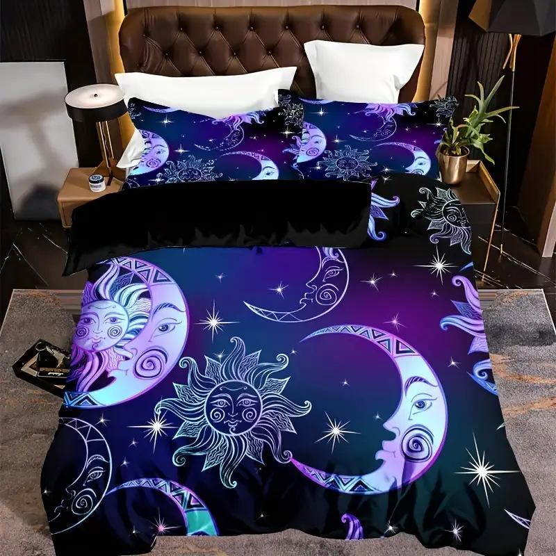 Boho Sun and Moon Duvet Cover Set Black White Floral Bedding Set Bohemian Exotic Comforter Covers Queen Bedroom Decor All Season