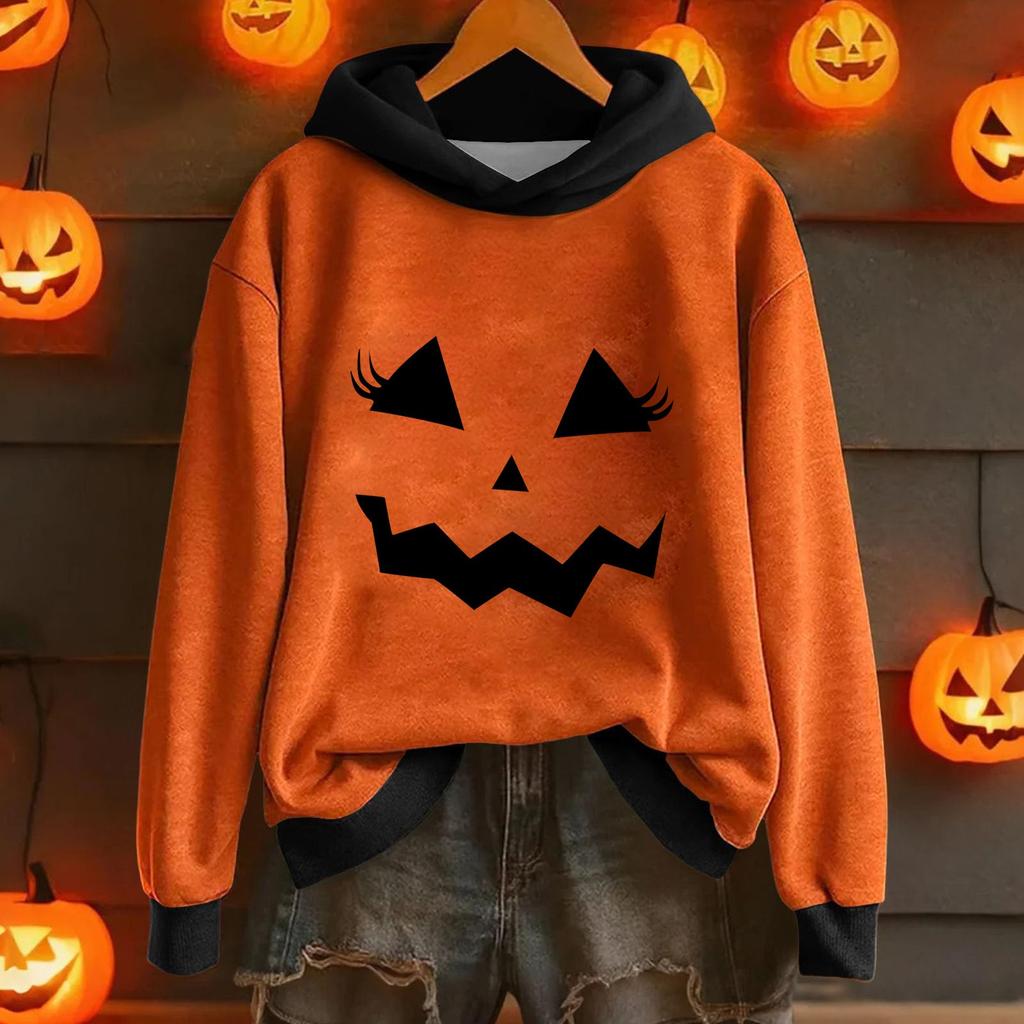 Ladies' Casual And Fashionable Halloween Printed Long Sleeved Hooded Warm Shirt Loose And Comfortable Hoodie