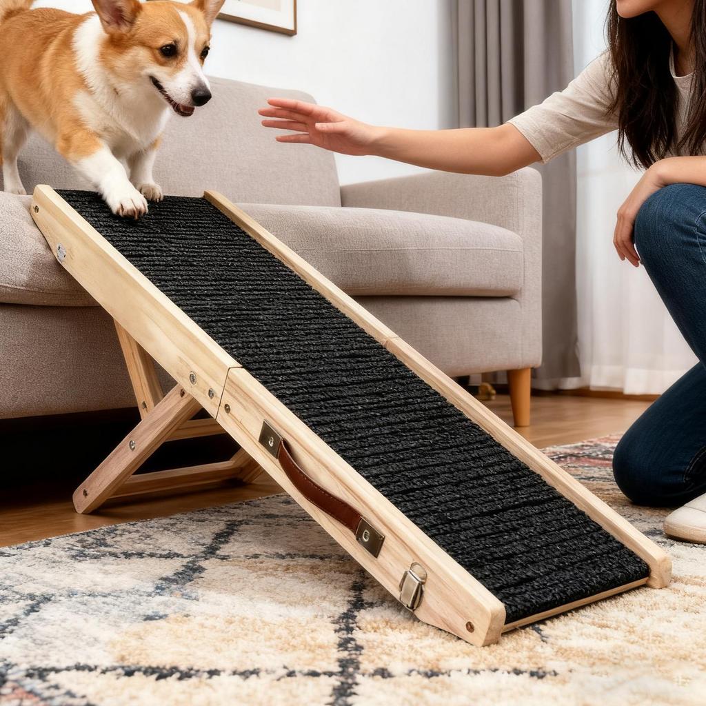 Pet Ramp Foldable 4-Level Adjustable Height Angles Wooden Dog Safety Ramps For Dogs Cats Couch Suv Indoor Various Furniture