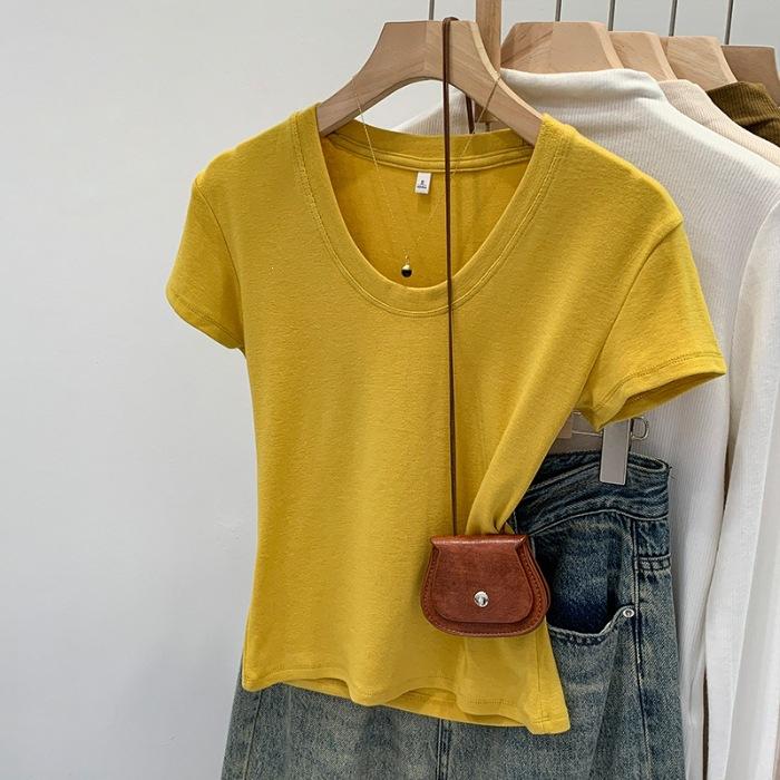 Refined cotton back collar, dopamine U-neck front shoulder short-sleeved T-shirt women s summer tide S