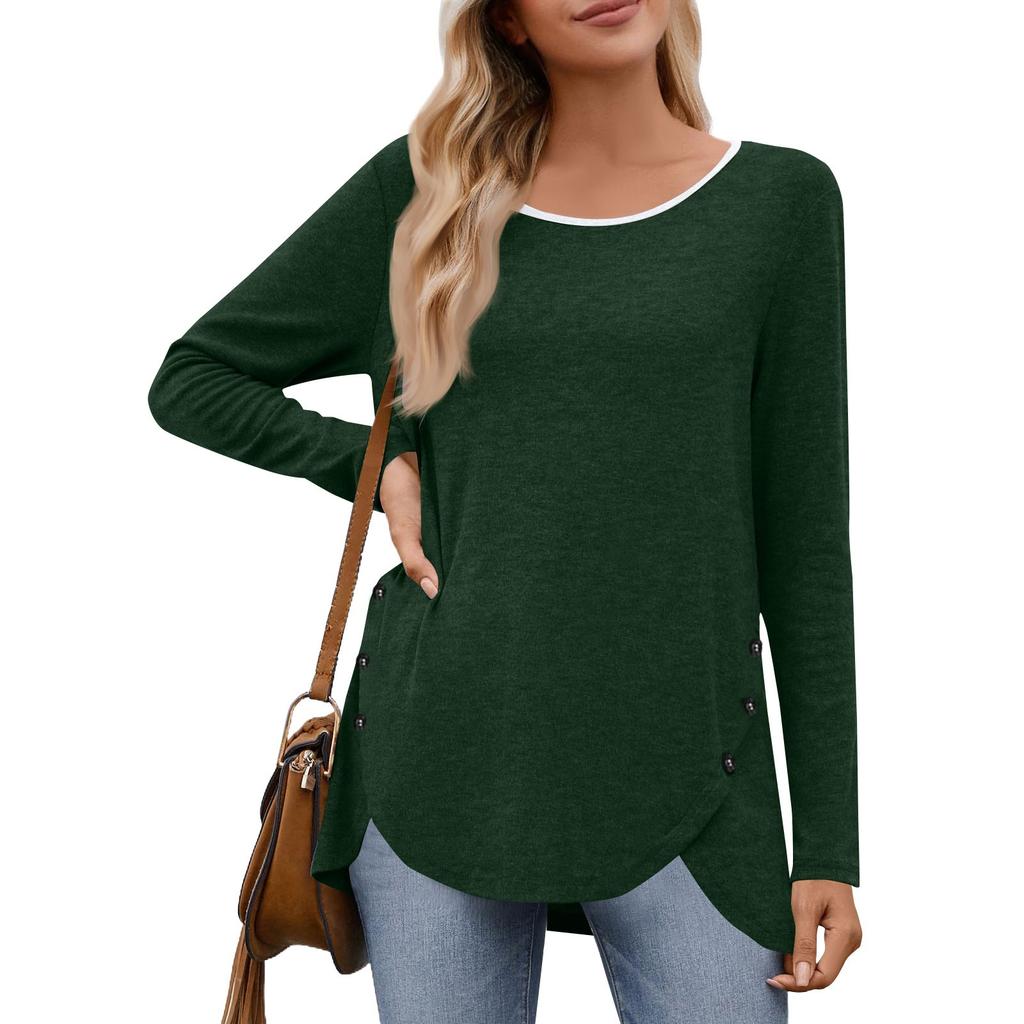 Women's Fashion Casual Solid Color Round Neck Long Sleeve Button Tops On Both Sides
