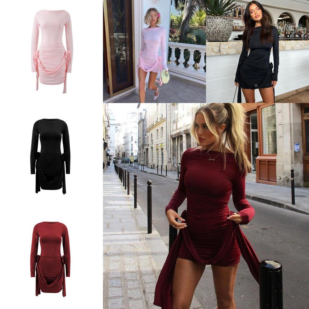 Sexy Girl Long Sleeve Short Dress With 3d Floral Pattern For Streetwear Fashion