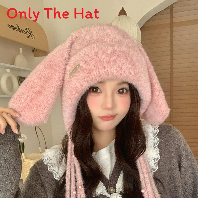 Winter Plush Bunny Ear Beanie With Knit For Girls And Kids