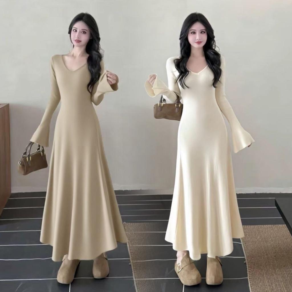 

Women s V-Neck Long Sleeve Knit Dress – Slimming, Versatile Autumn/Winter Style 3XL [70-78 kg] хаки