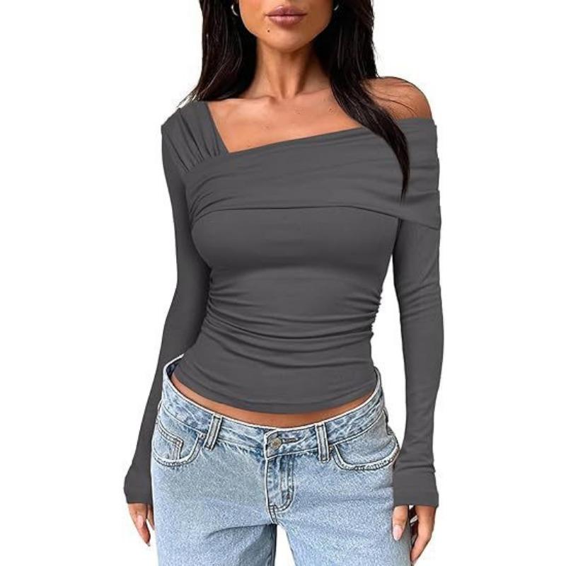 Spring Summer Women's T-Shirts Single Shoulder Long Sleeve Top with Ruffles Outing Sexy Slimming Tops Y2K