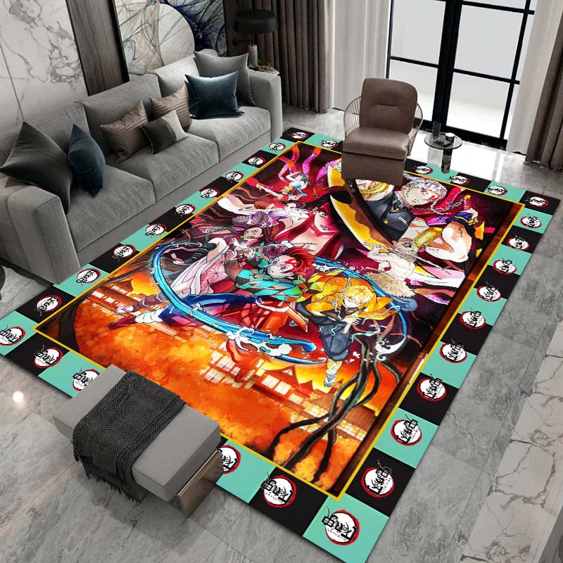 Cute cartoon Kimetsu no Yaiba rug, suitable for playrooms, bedrooms, living rooms, sofas, and other home décor; non-slip rug for