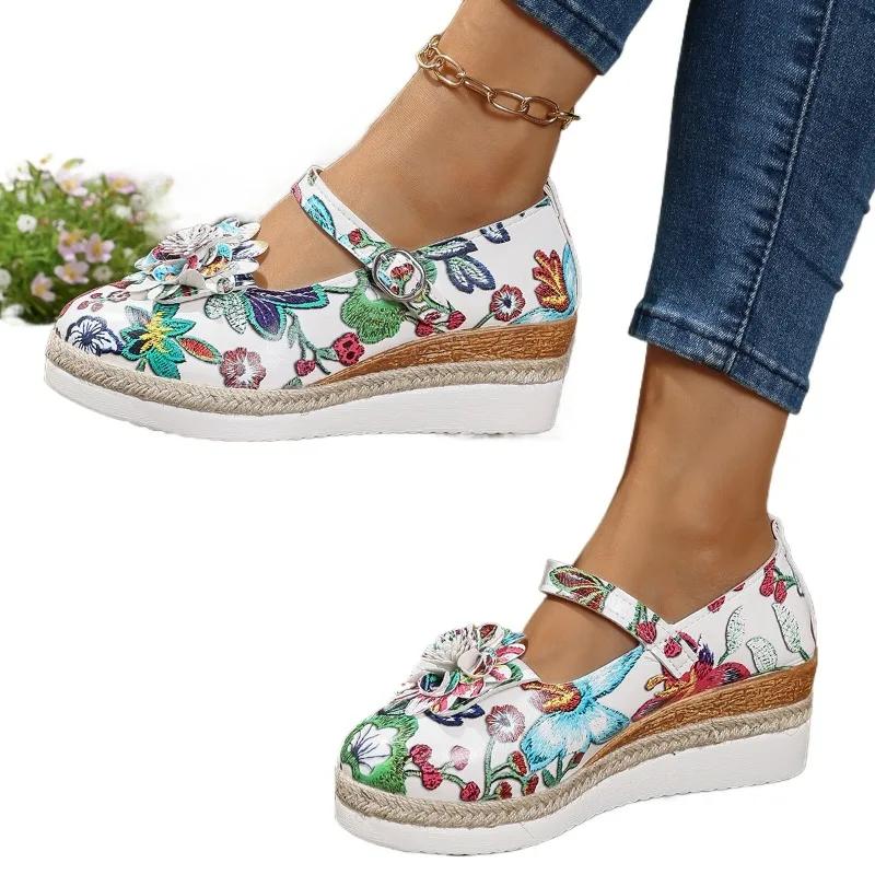 Fashion Mid Heel Wedges Pumps Spring/autumn Flowers Shoes Female 2025 High Quality Round Toe Buckle Strap Shallow Women's Shoes