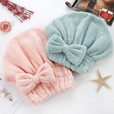 Women's Thick Coral Fleece Shower Cap with Bowknot - Large Size Hair-Drying Wrap