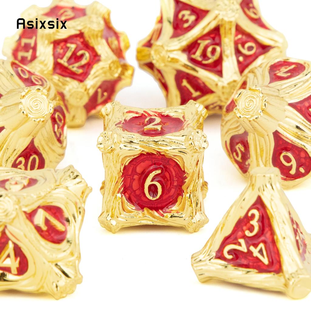 7 Pcs Golden Red Tree Stump Root Metal Dice Solid Metal Polyhedral Dice Set Suitable for Role-Playing RPG  Board Game Card Game