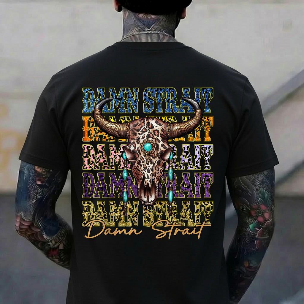Vintage Damn Strait Name Bull Skull Country Cowboy Western T-Shirt S