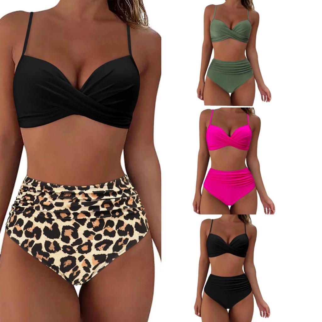 Multi-color Printing Split Solid Color Gathering Bikini High Waist Explosion Swimsuit Tight