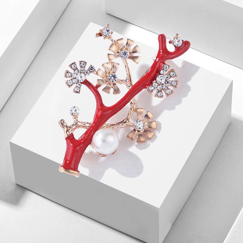 Chinese Style Original Retro Atmosphere Classic Oil Drop Pearl Plum Blossom Branch Brooch Female Accessories Long-Lasting Color Brooch